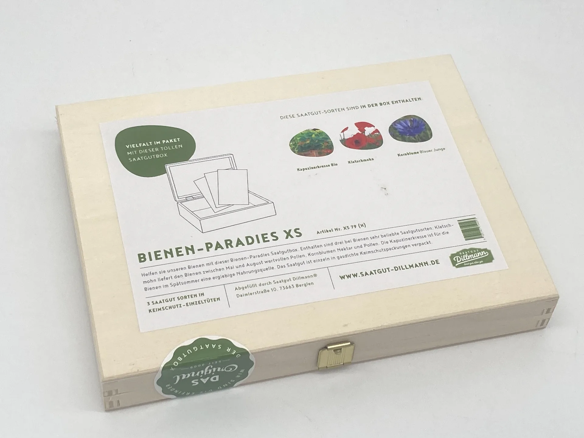 Bienenparadies Saatgut-Box XS (Holzbox mit Klappdeckel) – Bild 2